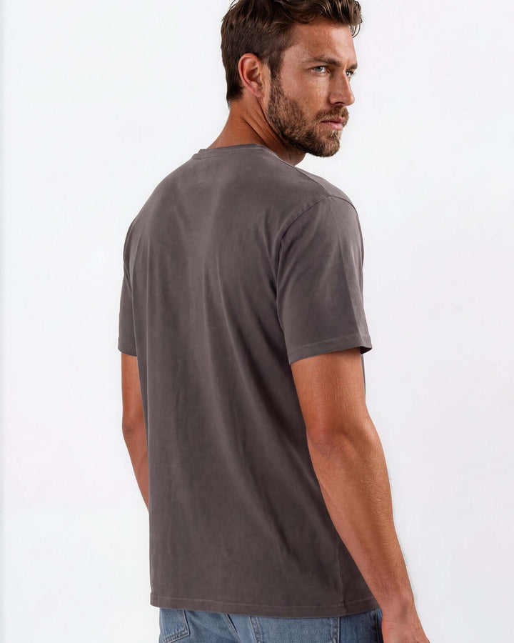 Made in USA Vintage Pigment Dyed Softest Tee - Charcoal: back and side view of dark gray tee on male model