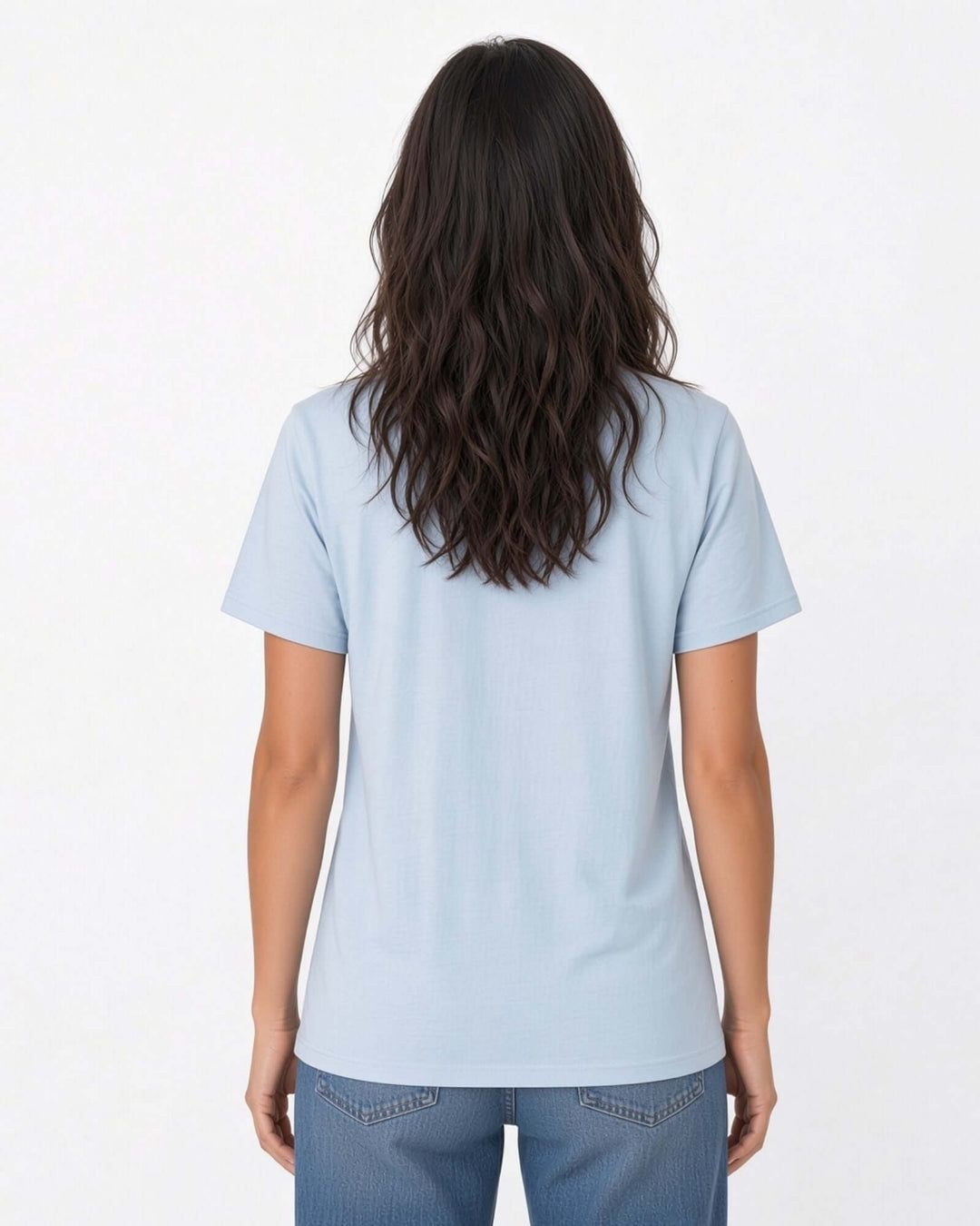 Made in USA The Boyfriend Cotton Washed T-Shirt - Bluestone: back view of light blue short sleeve tee on female model with jeans