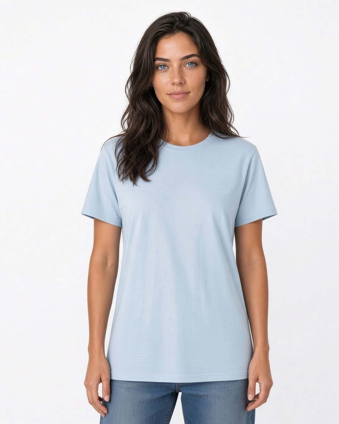 Made in USA The Boyfriend Cotton Washed T-Shirt - Bluestone: front view of light blue crew neck short sleeve tee on female model with jeans