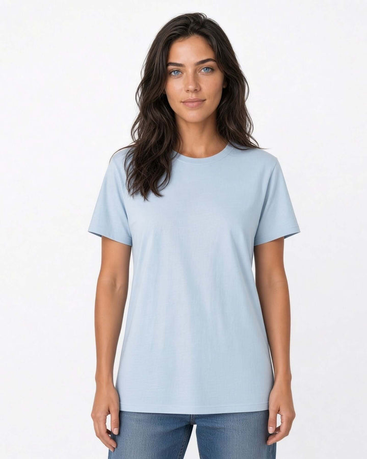 Made in USA The Boyfriend Cotton Washed T-Shirt - Bluestone: front view of light blue crew neck short sleeve tee on female model with jeans