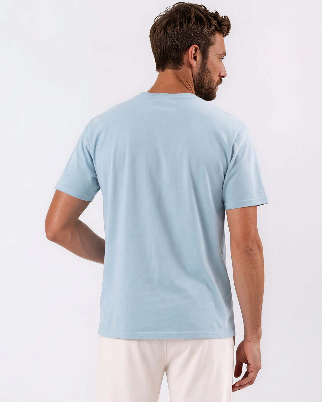Made in USA Vintage Pigment Dyed Softest Tee - Bluestone: back view of light blue short sleeve tee on male model