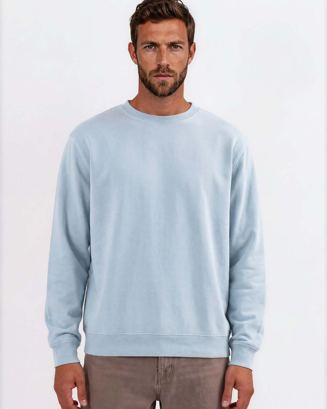Made in USA vintage pigment dyed fleece crew sweatshirt in Bluestone with ribbed crew neck, cuffs, and hem - front view