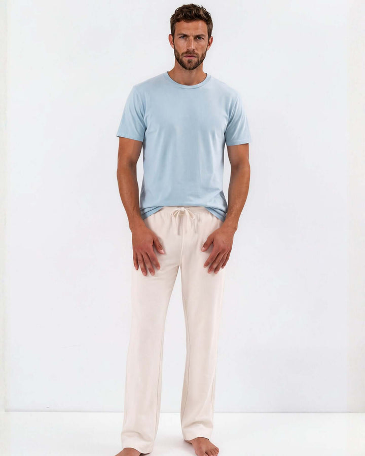 Made in USA Vintage Pigment Dyed Softest Tee - Bluestone: full-length front view of light blue tee on male model