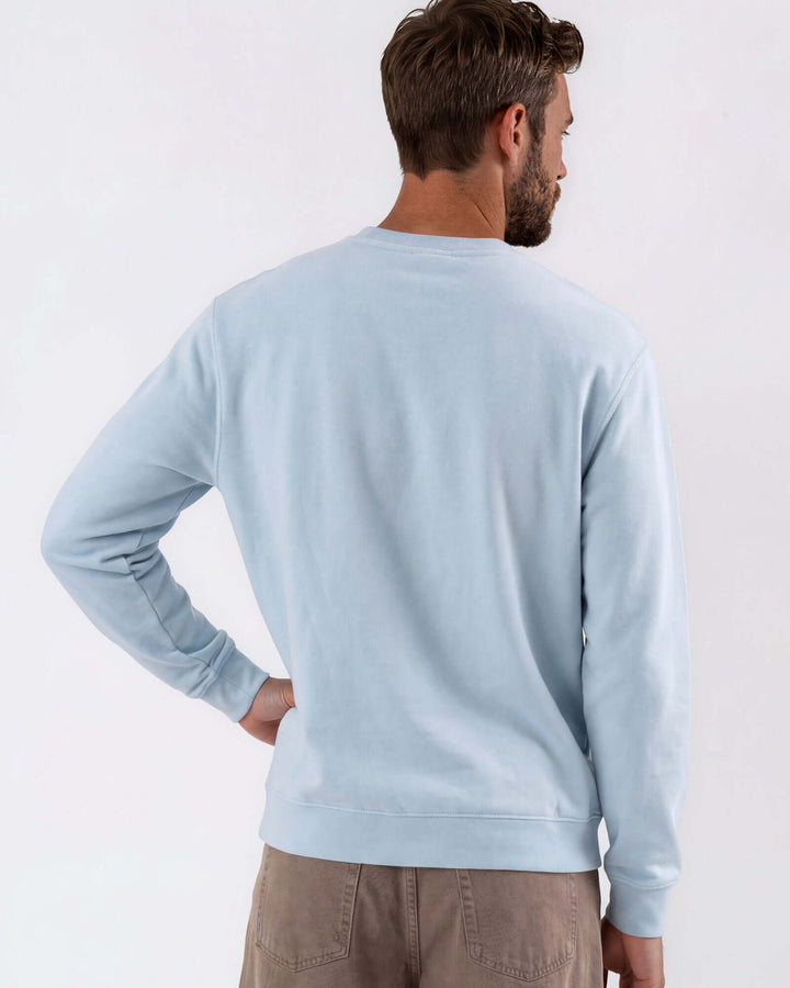 Made in USA vintage pigment dyed fleece crew sweatshirt in Bluestone with ribbed crew neck, cuffs, and hem