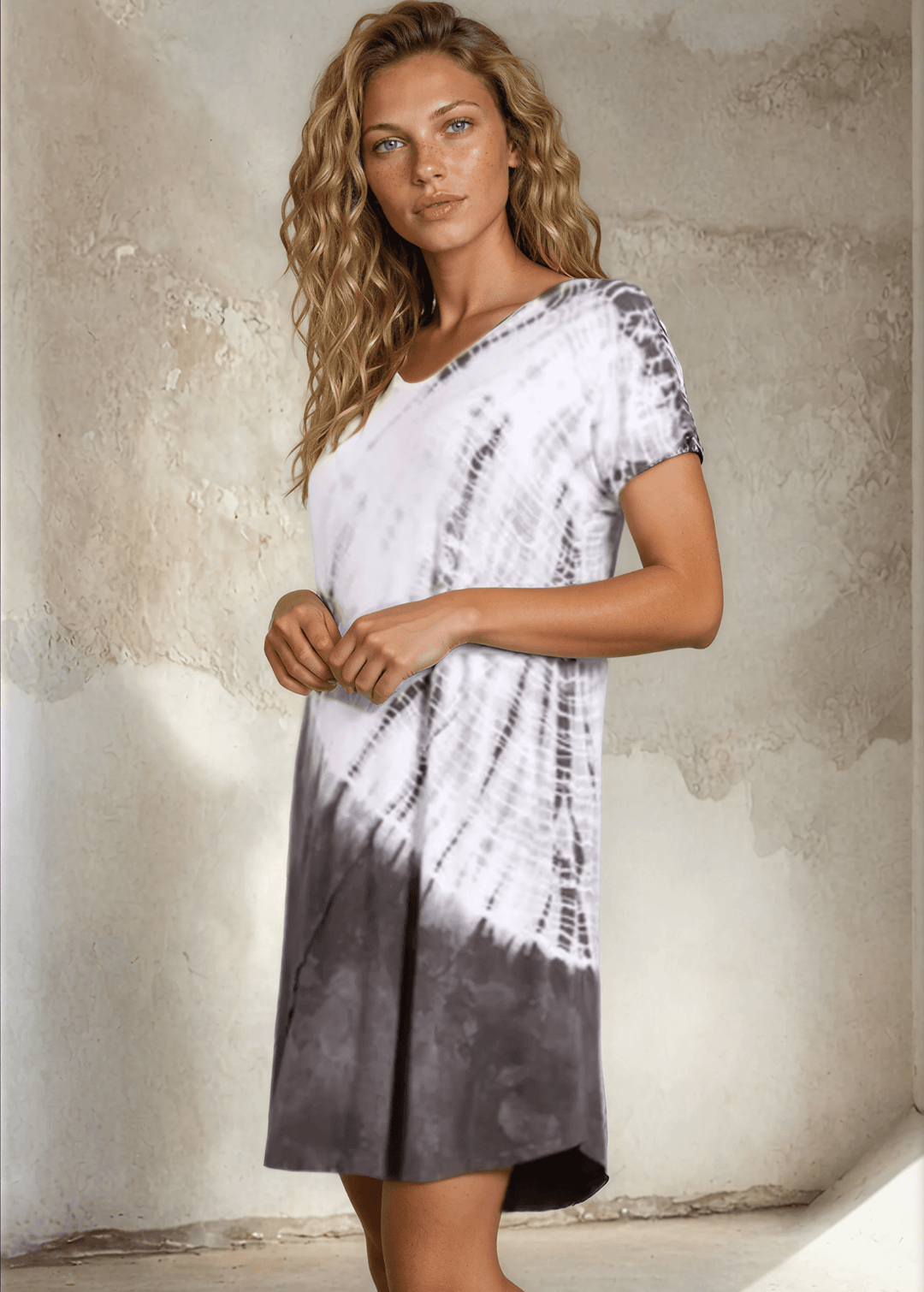 USA Made Ladies Casual Knee Length Tie Dye Dress in Grey Tones |  Style# C60570 | Classy Cozy Cool Women's Made in America Boutique