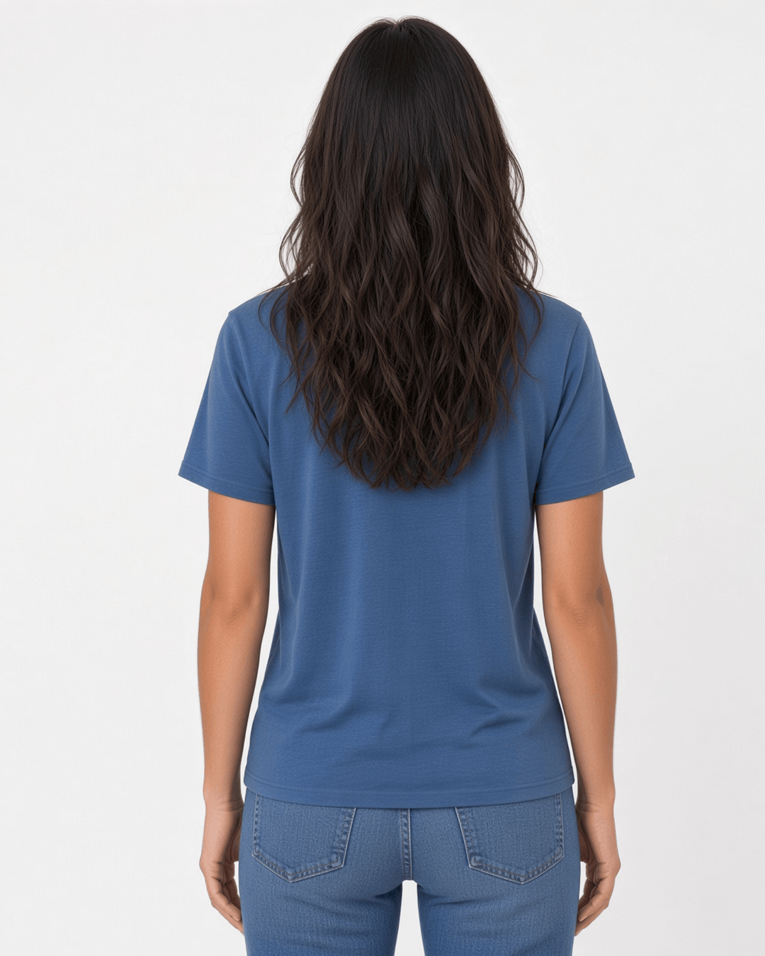 Made in USA The Boyfriend Cotton Washed T-Shirt - Blue Steel: back view of blue crew neck short sleeve tee on female model with jeans