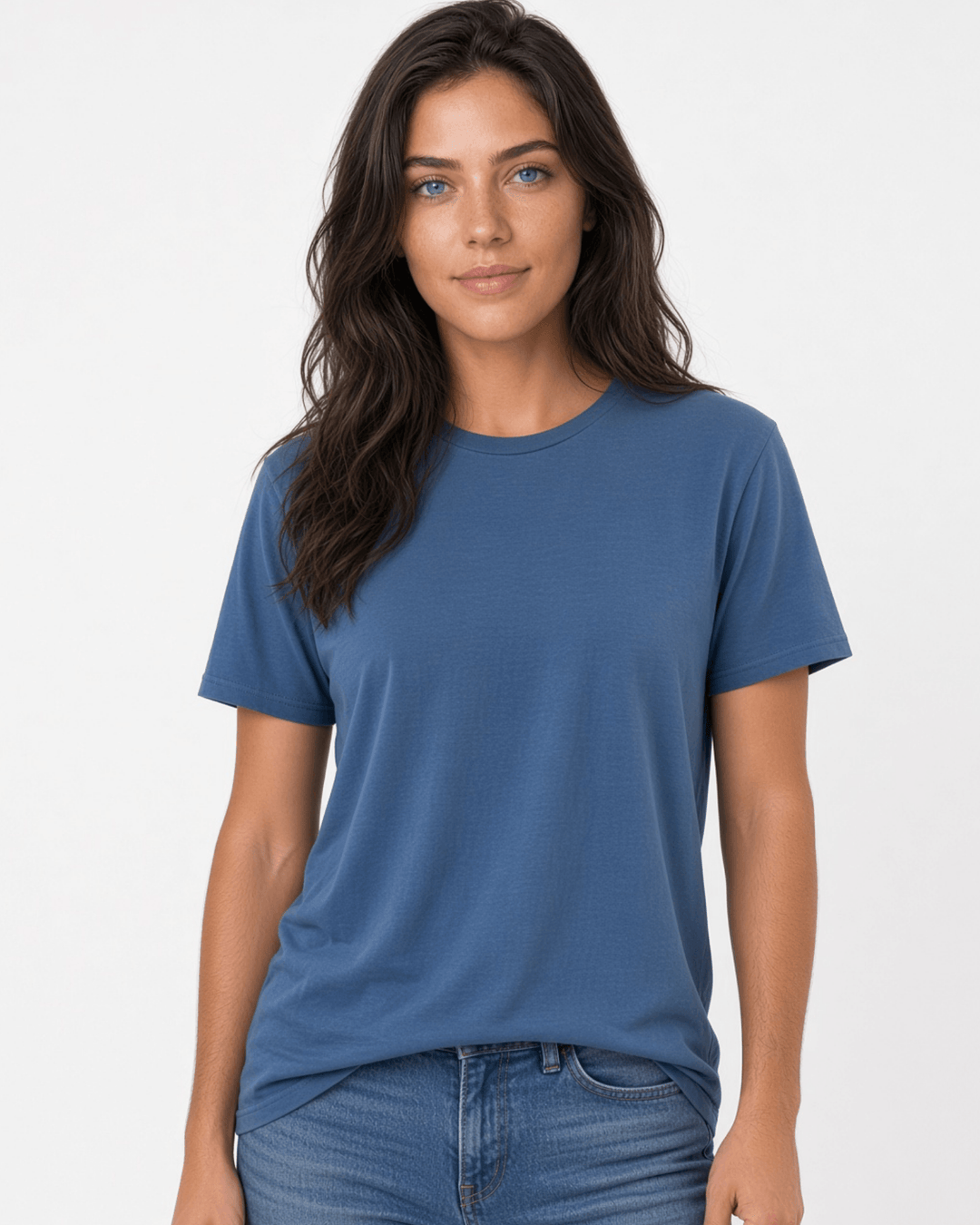 Made in USA The Boyfriend Cotton Washed T-Shirt - Blue Steel: front view of blue crew neck short sleeve tee on female model with jeans