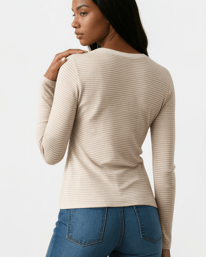 Made in USA. Taupe &amp; white striped fitted rib knit top. Split V-neck with contrast trim, long sleeves. 97% rayon. Sizes S–XL.