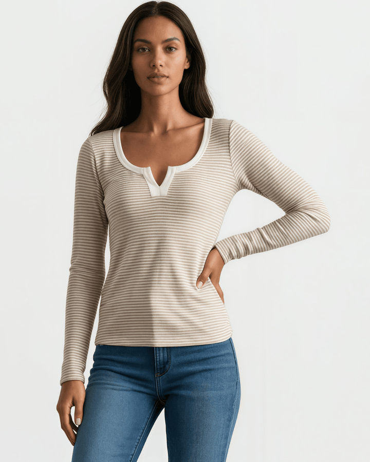 Made in USA. Taupe &amp; white striped fitted rib knit top. Split V-neck with contrast trim, long sleeves. 97% rayon. Sizes S–XL.