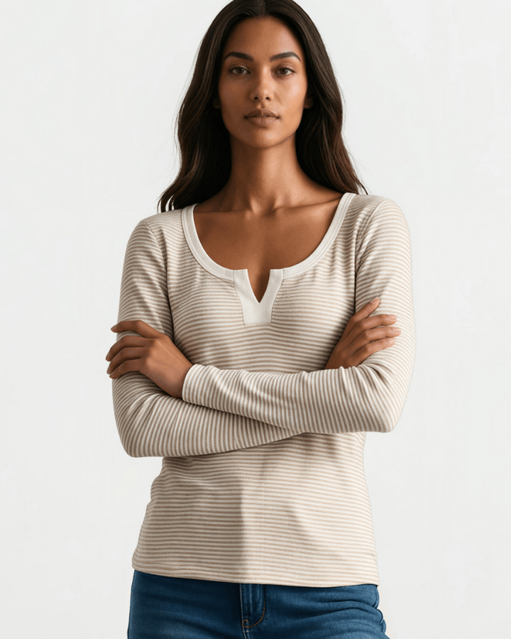 Made in USA. Taupe &amp; white striped fitted rib knit top. Split V-neck with contrast trim, long sleeves. 97% rayon. Sizes S–XL.