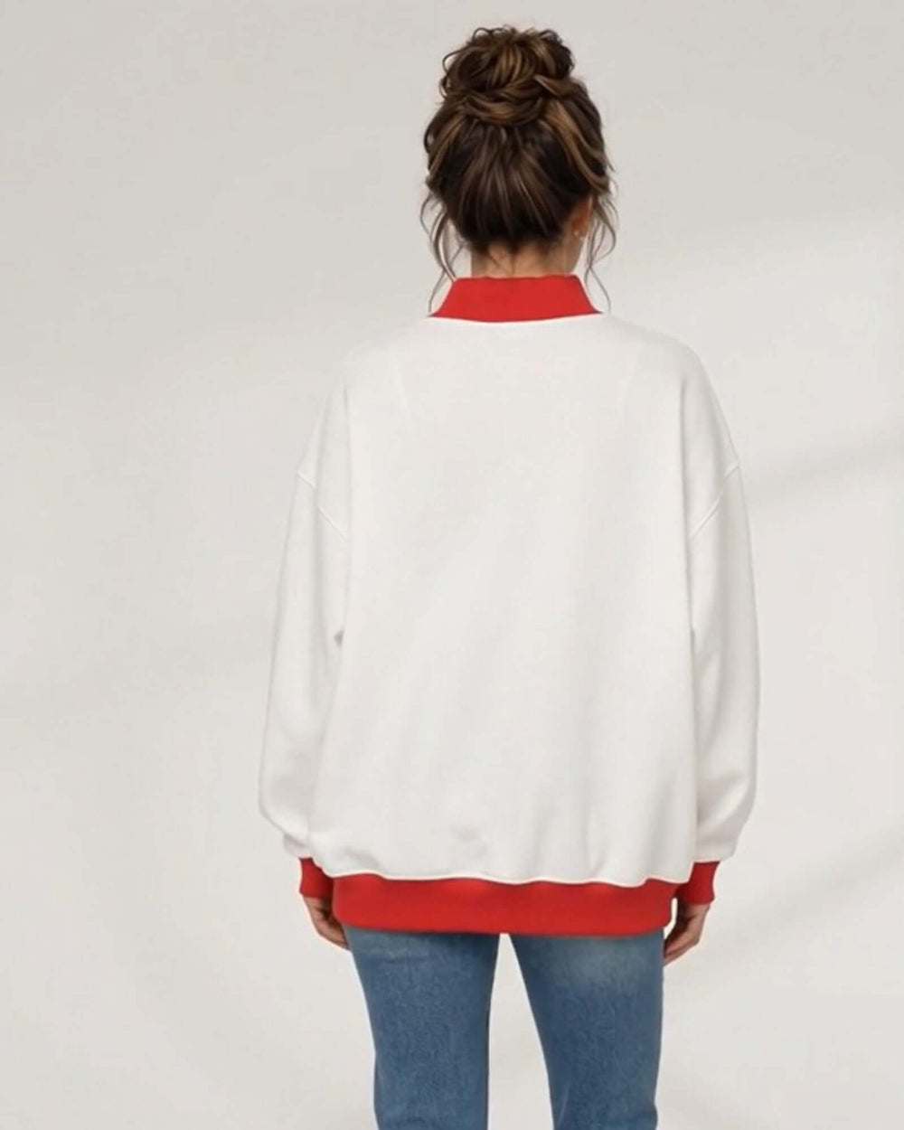 Women's white oversized mock neck sweatshirt with red ribbed trim featuring the Dear Santa design, back view with red mock neck and hem band, Made in USA