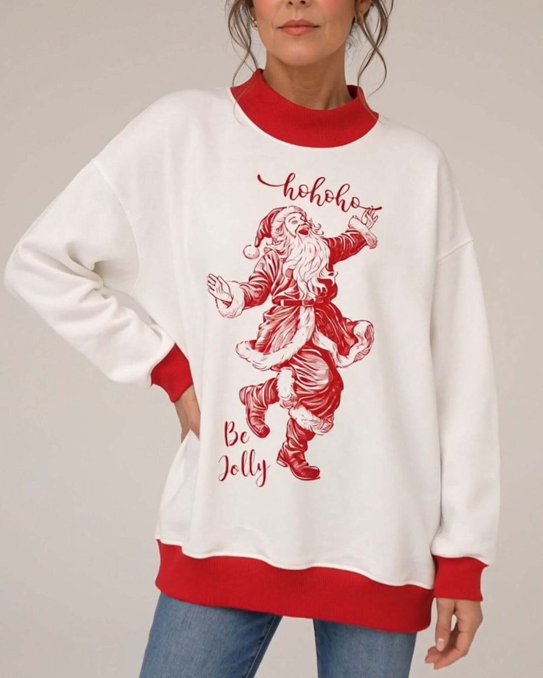 Women's white oversized mock neck sweatshirt with red ribbed trim featuring the Ho Ho Ho Red Christmas Santa design, front close-up angled view, Made in USA