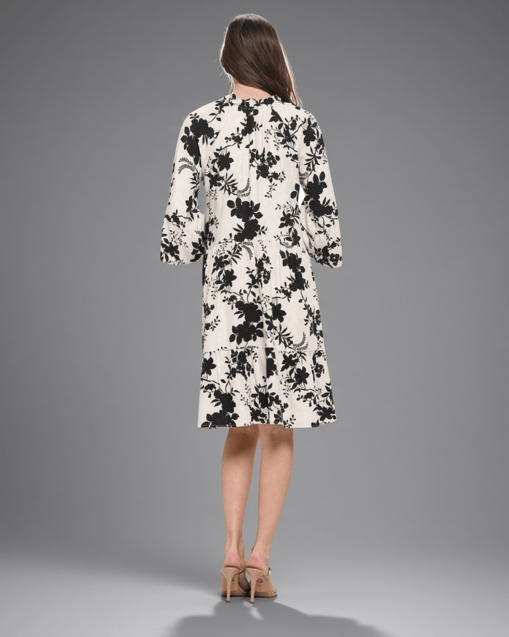 Made in USA Women's Cream with Black Floral Baby Doll Tiered Dress, Short Half Sleeves, Ruffled Collar, V-Neck, Knee Length, 100% Rayon, Renee C Style DA1404 