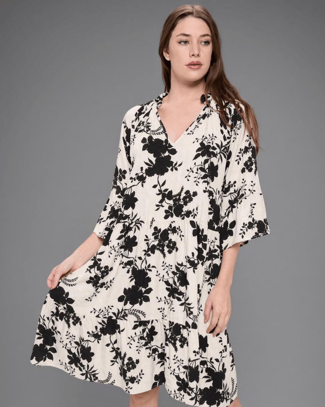 Made in USA Women's Cream with Black Floral Baby Doll Tiered Dress, Short Half Sleeves, Ruffled Collar, V-Neck, Knee Length, 100% Rayon, Renee C Style DA1404 