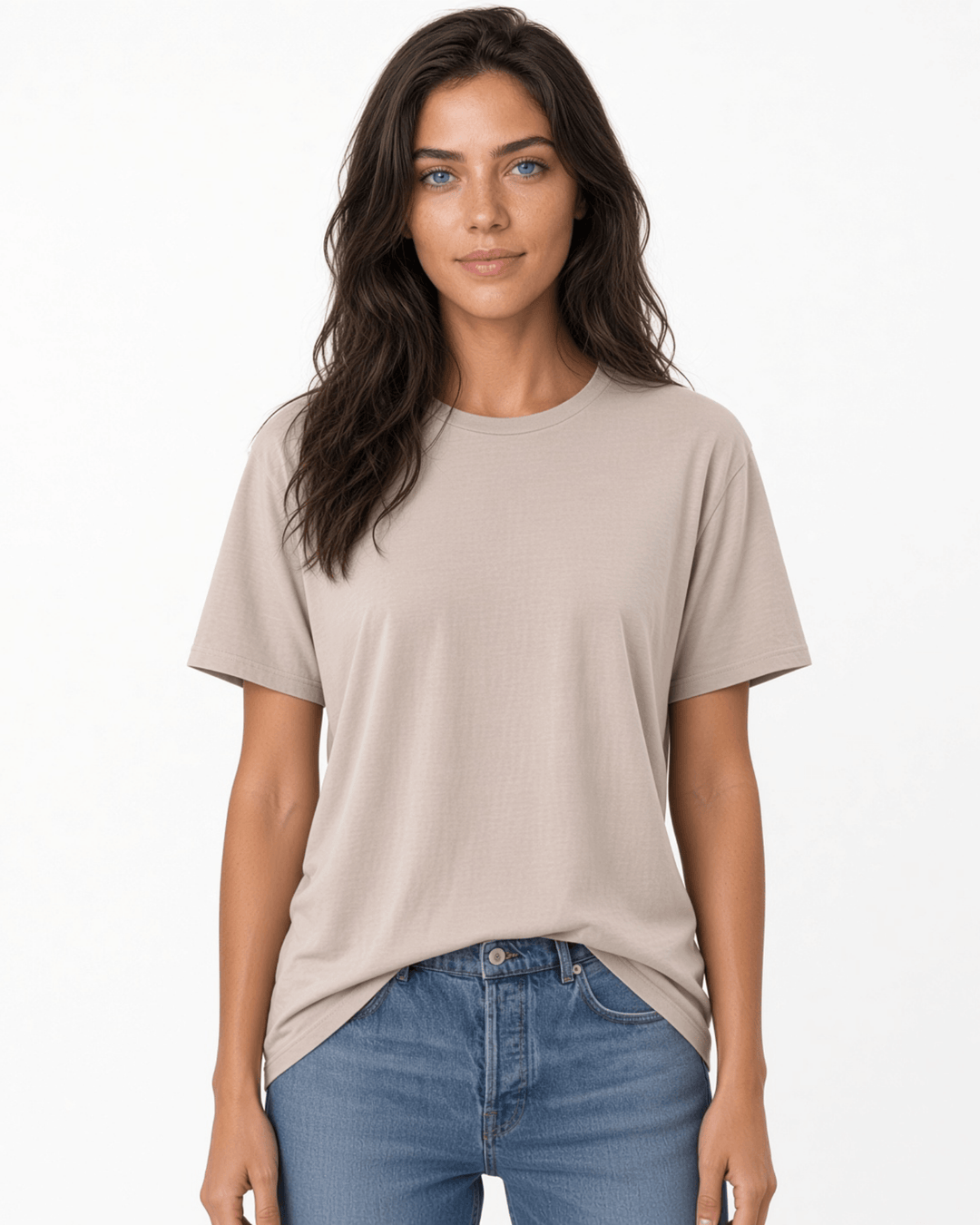 Made in USA The Boyfriend Cotton Washed T-Shirt - Khaki: front view of taupe crew neck short sleeve tee on female model with jeans