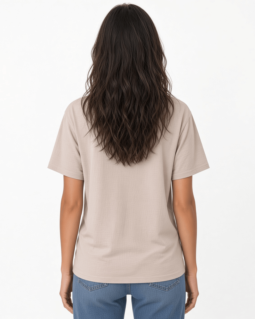 Made in USA The Boyfriend Cotton Washed T-Shirt - Khaki: back view of taupe crew neck short sleeve tee on female model with jeans