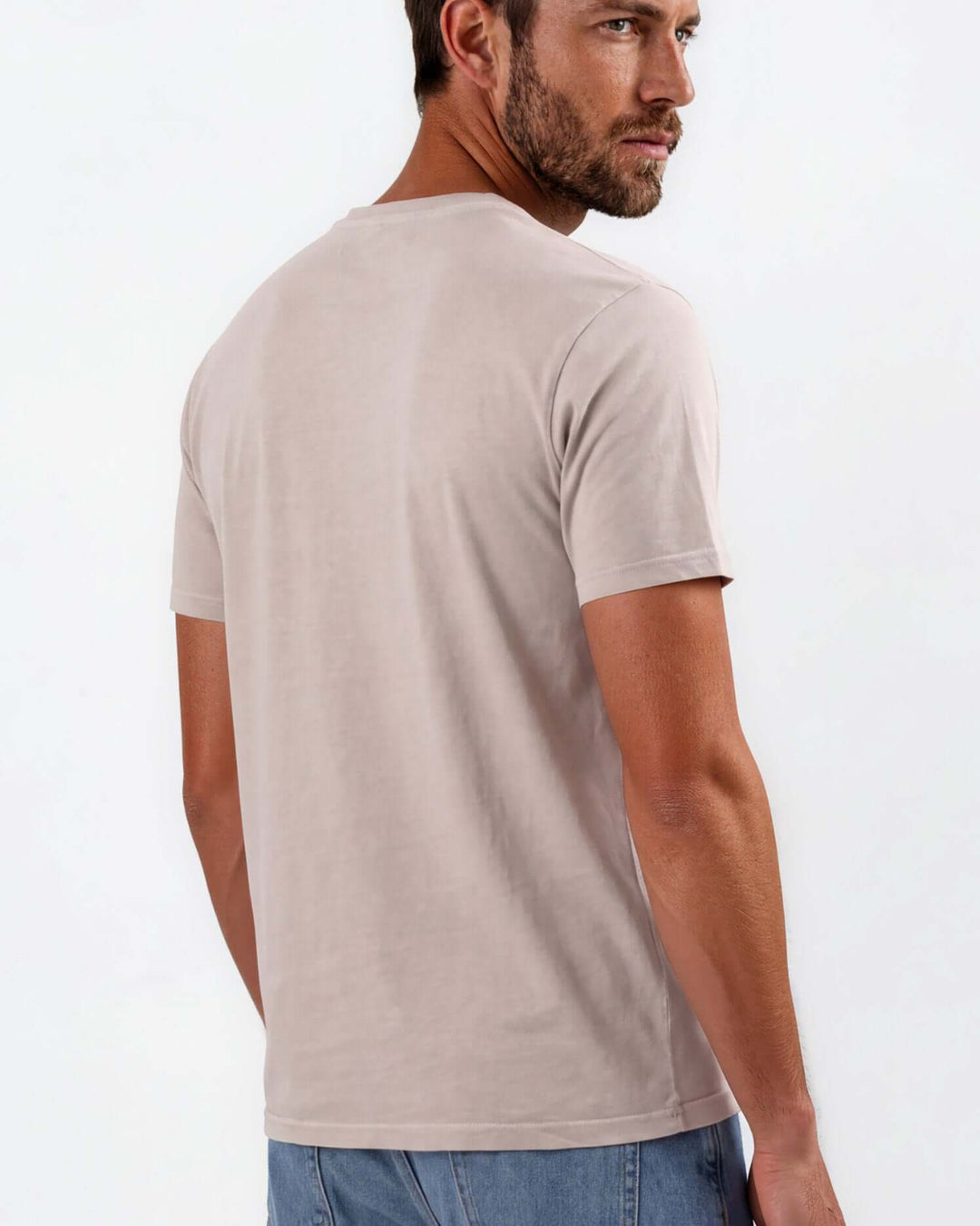 Made in USA Vintage Pigment Dyed Softest Tee - Khaki: back and side view of light khaki short sleeve tee on male model