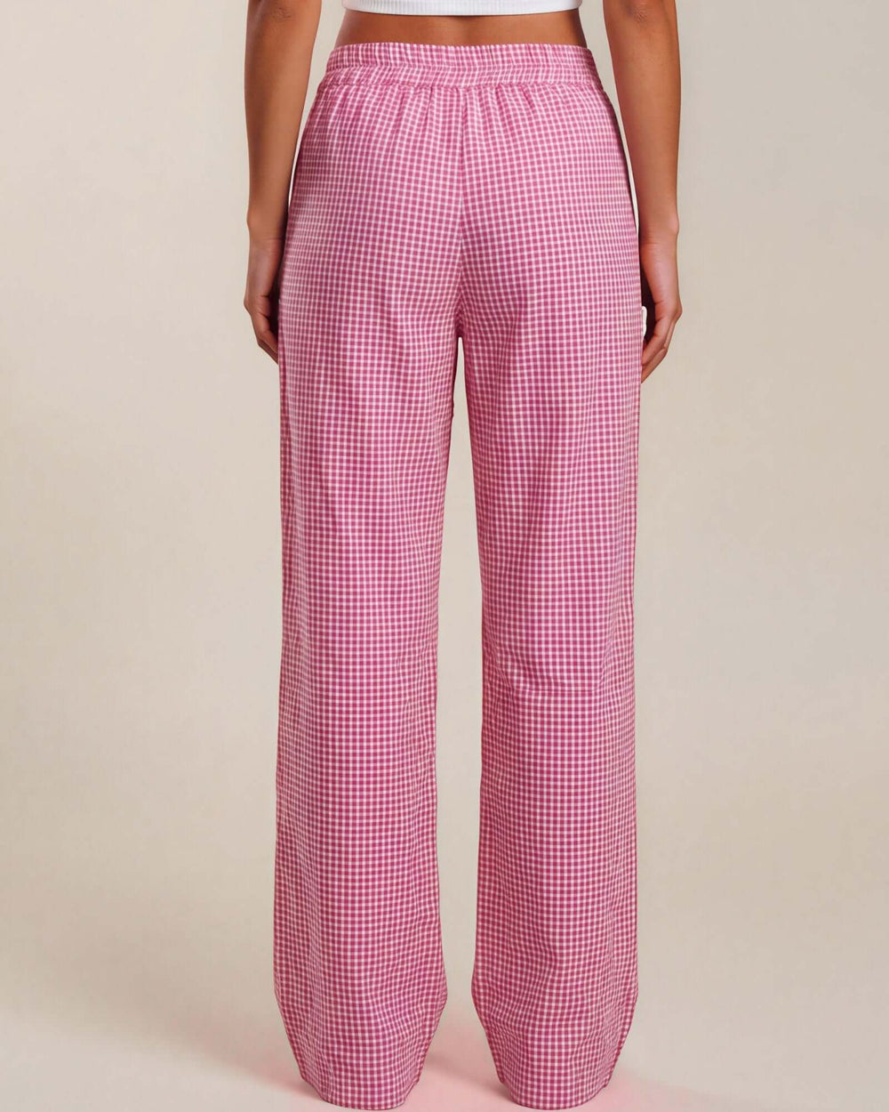 Made in USA women's fuchsia and white gingham straight-leg pajama pants with elastic waist and drawstring, back view