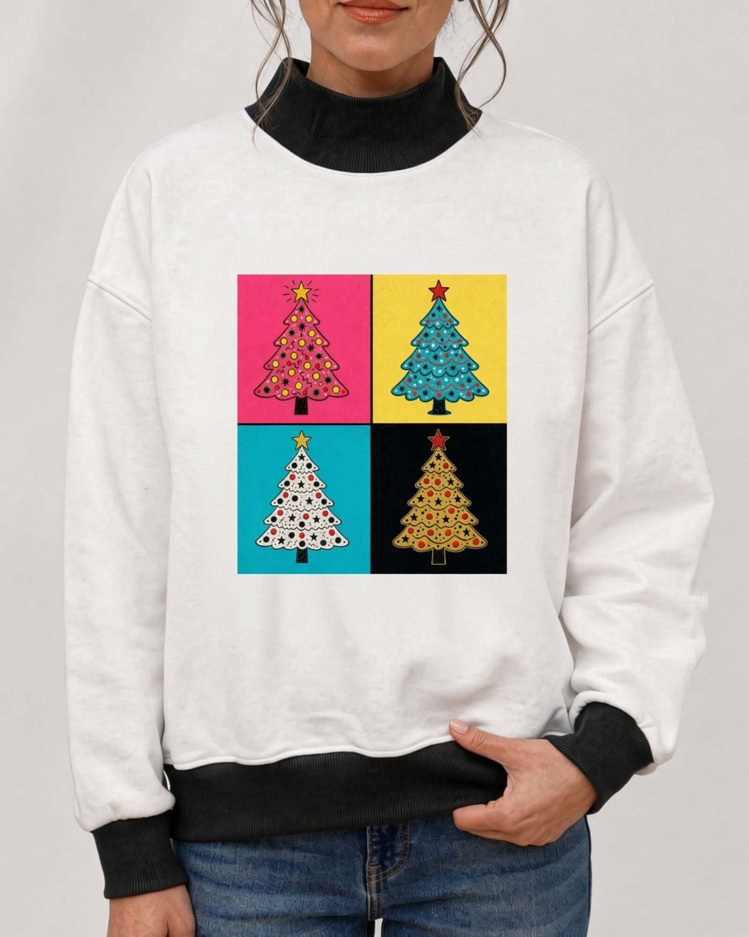 Women's white oversized mock neck sweatshirt with black ribbed trim featuring the Color Block Christmas Tree design, front view, hand in pocket, Made in USA