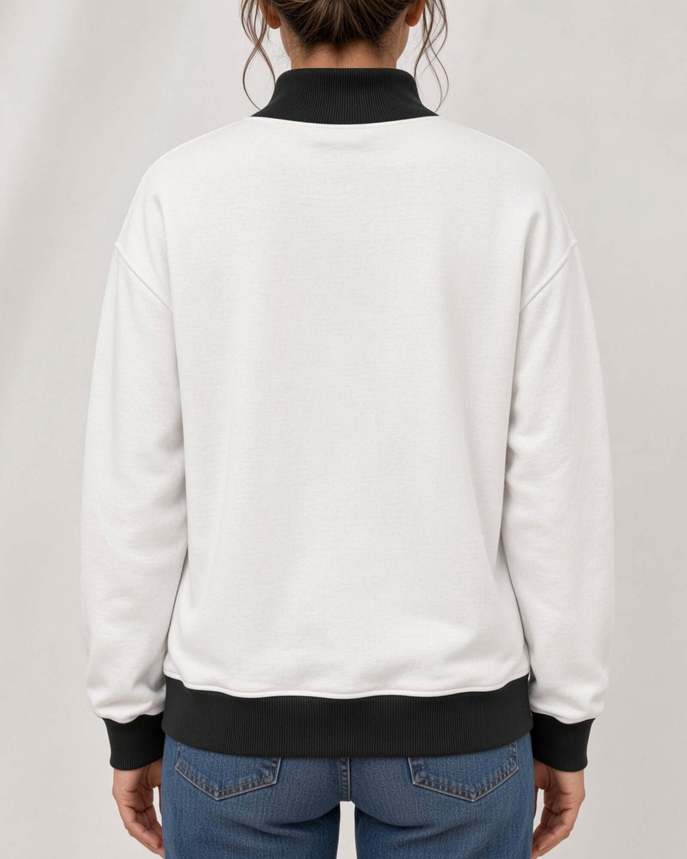 Women's white oversized mock neck sweatshirt with black ribbed trim featuring the Color Block Christmas Tree design, back view, plain white back with black mock neck and hem band, Made in USA