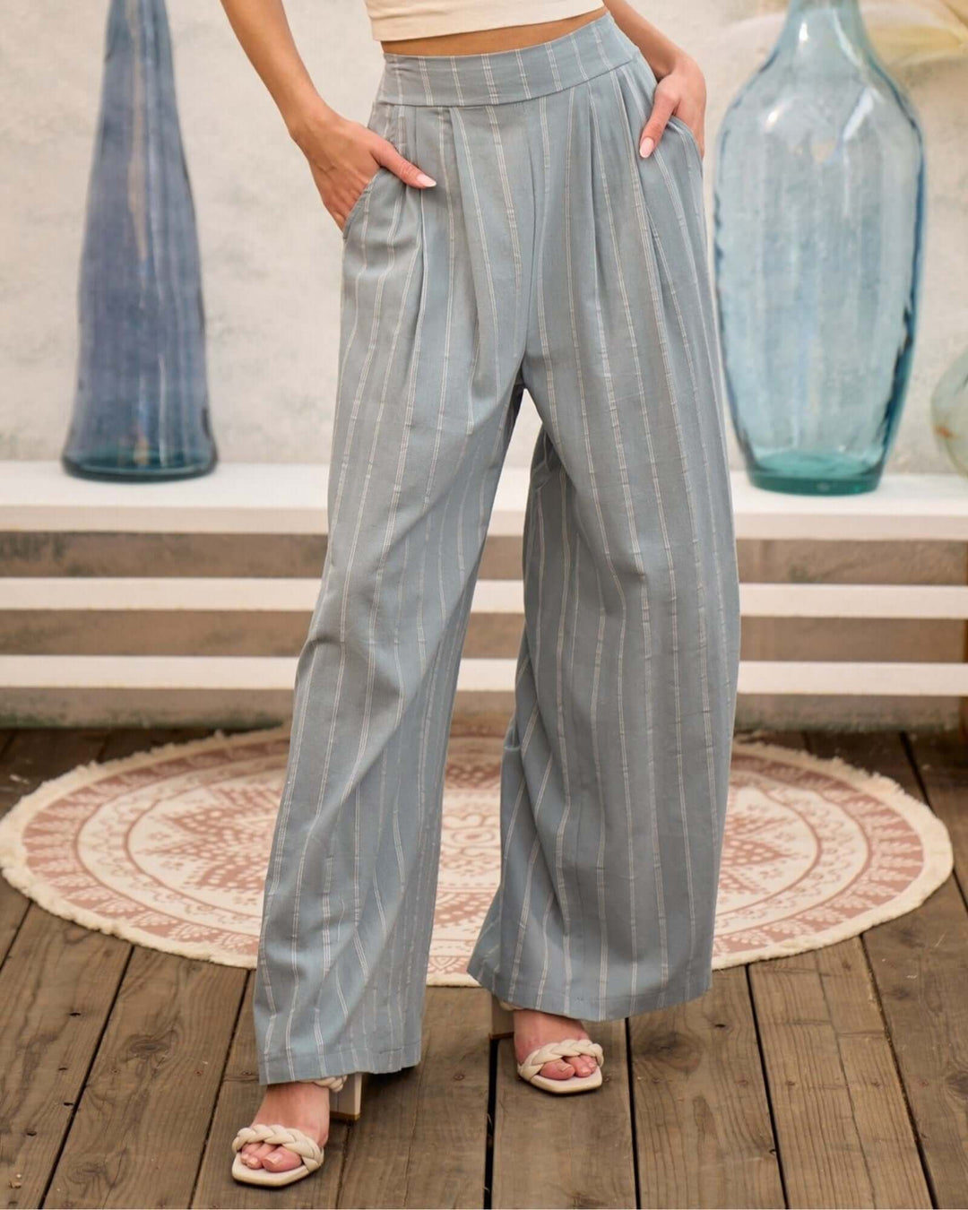 Made in USA blue gray pinstripe wide leg pants with smocked back waist, front pleats, and side pockets