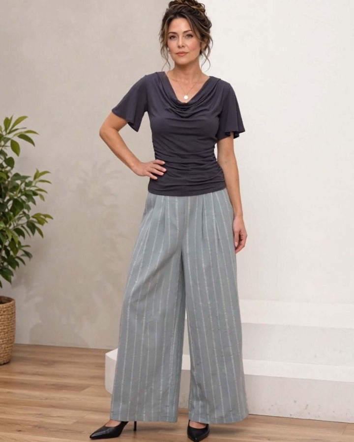 Made in USA blue gray pinstripe wide leg pants with smocked back waist, front pleats, and side pockets
