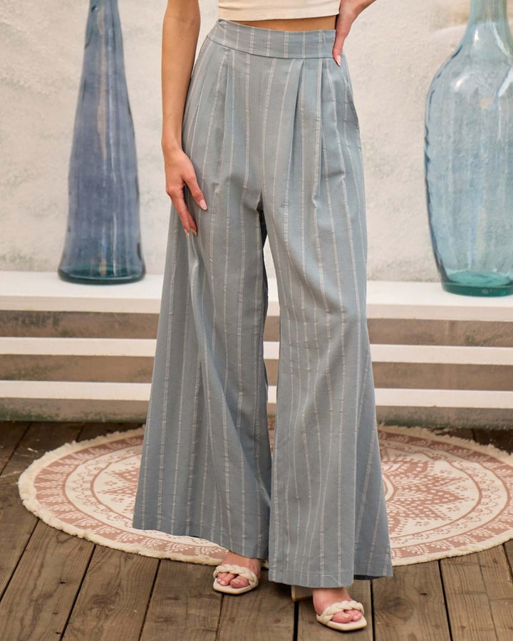 Made in USA blue gray pinstripe wide leg pants with smocked back waist, front pleats, and side pockets