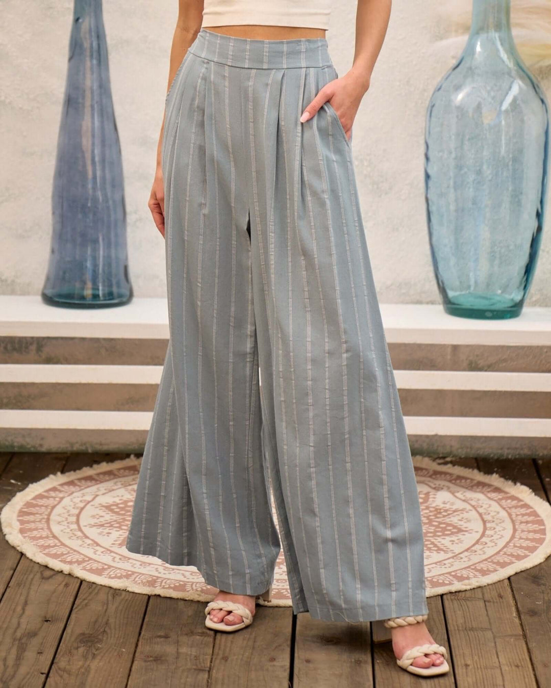 Made in USA blue gray pinstripe wide leg pants with smocked back waist, front pleats, and side pockets