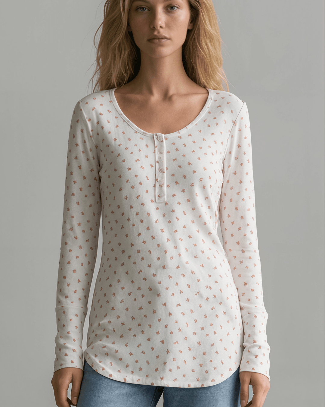 Falling for Florals Long Sleeve Henley - Ivory/Pink | Made in USA
