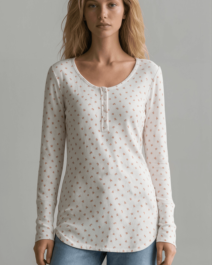 Falling for Florals Long Sleeve Henley - Ivory/Pink | Made in USA
