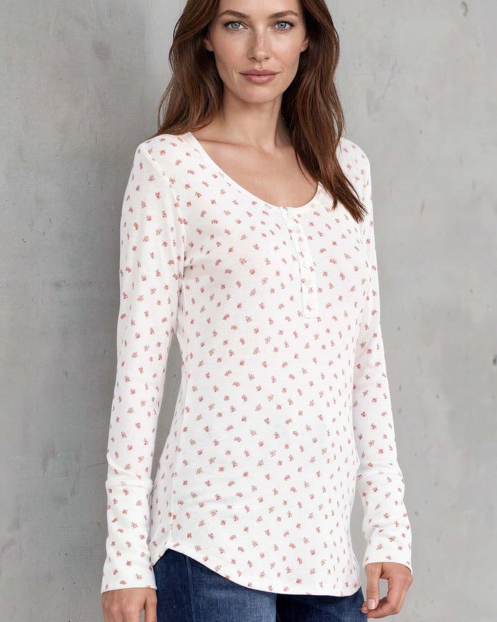 Falling for Florals Long Sleeve Henley - Ivory/Pink | Made in USA
