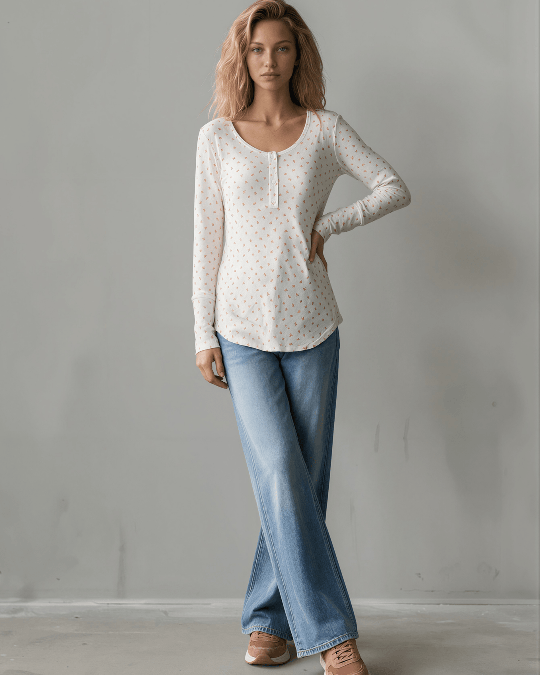 Falling for Florals Long Sleeve Henley - Ivory/Pink | Made in USA