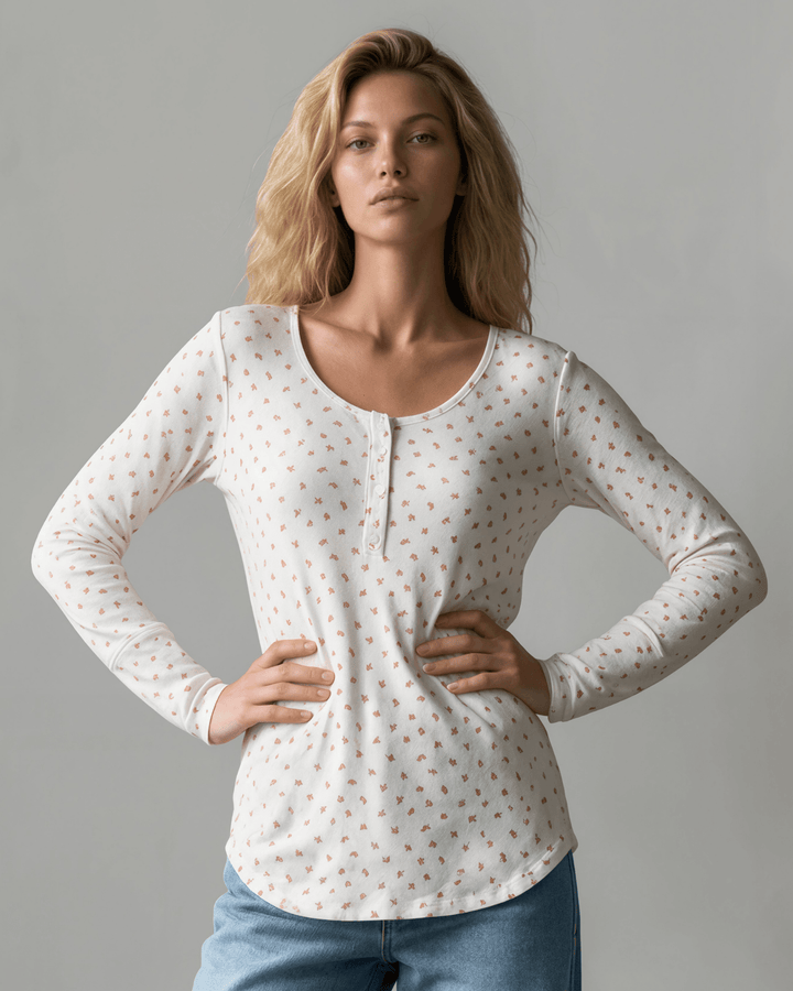 Falling for Florals Long Sleeve Henley - Ivory/Pink | Made in USA