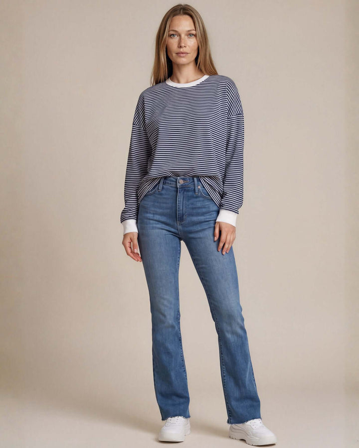 Made in USA Sunday Stroll Loose Fit Stripe Tunic - Navy: full-length front view with jeans and white sneakers