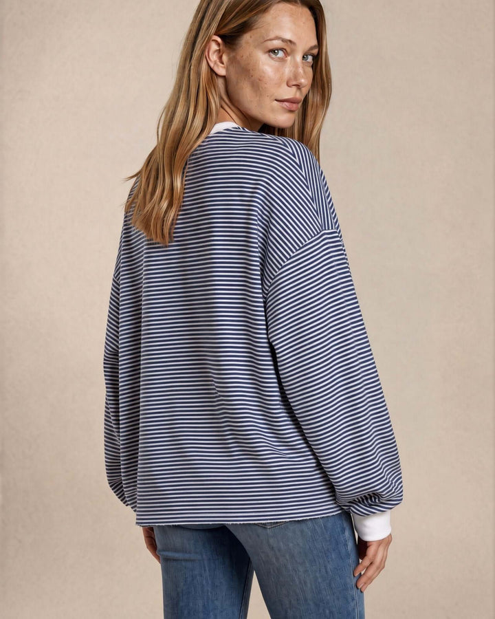 Made in USA Sunday Stroll Loose Fit Stripe Tunic - Navy: back and side view showing relaxed fit and white cuffs