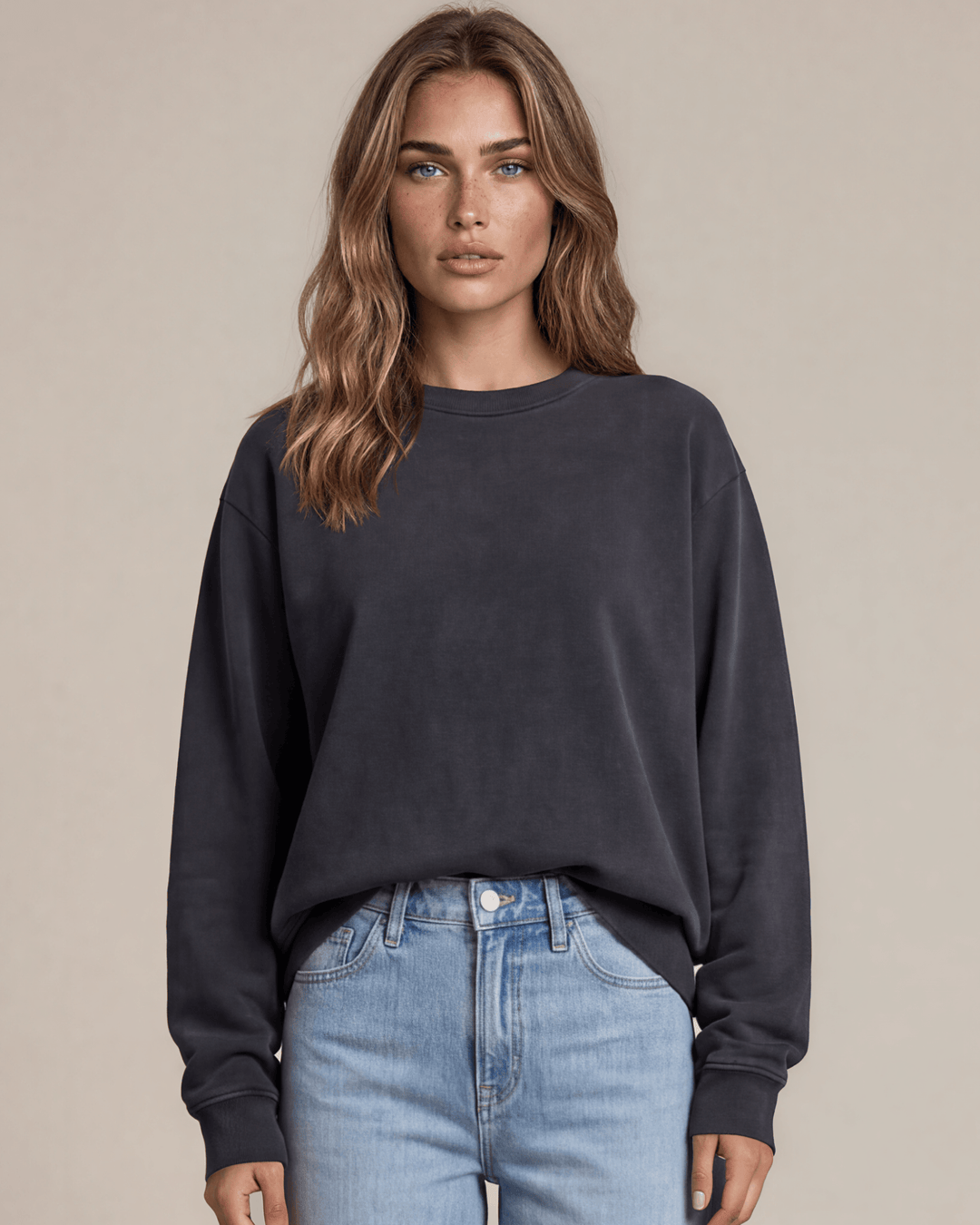 Made in USA Women's Heavyweight Pigment Dyed Cotton Fleece Sweatshirt in Washed Black | Classy Cozy Cool Made in America Boutique
