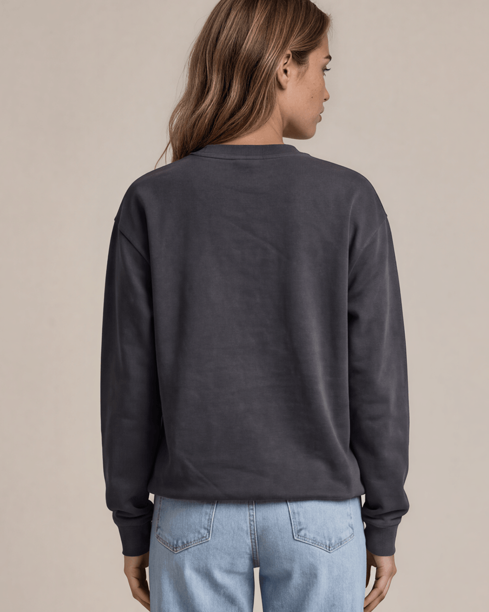 Made in USA Women's Heavyweight Pigment Dyed Cotton Fleece Sweatshirt in Washed Black | Classy Cozy Cool Made in America Boutique