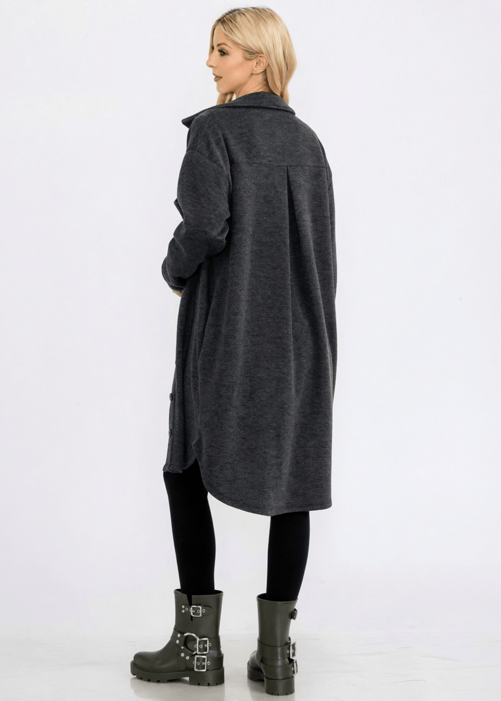 Made in USA. Layer the women's Linden longline shacket in Camel or Charcoal Black. Relaxed button-down style with soft feel, side pockets and a high-low hem.