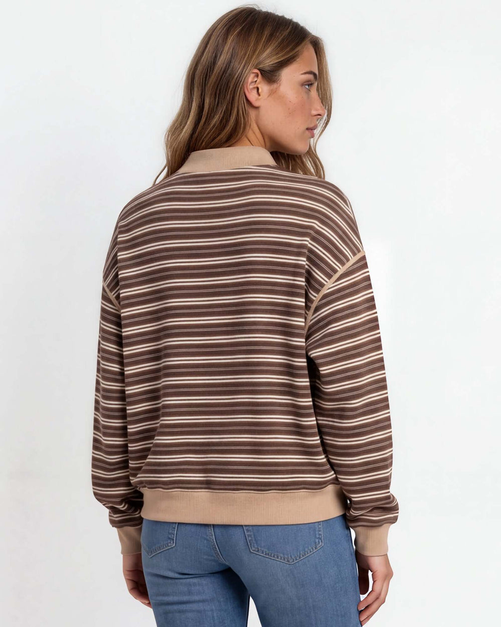 Made in USA women's brown and taupe striped relaxed fit crewneck long sleeve top with ribbed trim, three-quarter view with matching striped pants