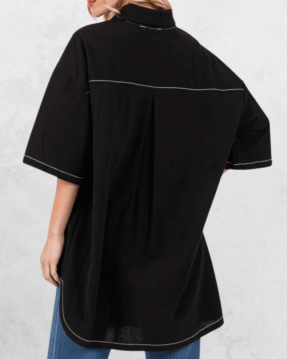 Made in USA Women's Oversized Black Shirt Dress with White Stitch Detail, Front Pocket, Button Down, Collared | Classy Cozy Cool Made in America Boutique