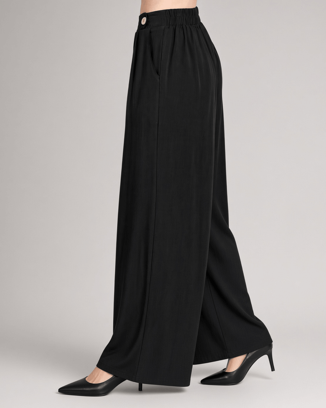 Made in USA Women's Wide Leg Dress Pants with Side Button Detail on Waist, Loose Fit Elastic Waist ,High Waist, Side Pockets in Black, 100% Rayon Hatch  | Classy Cozy Cool Made in America Boutique