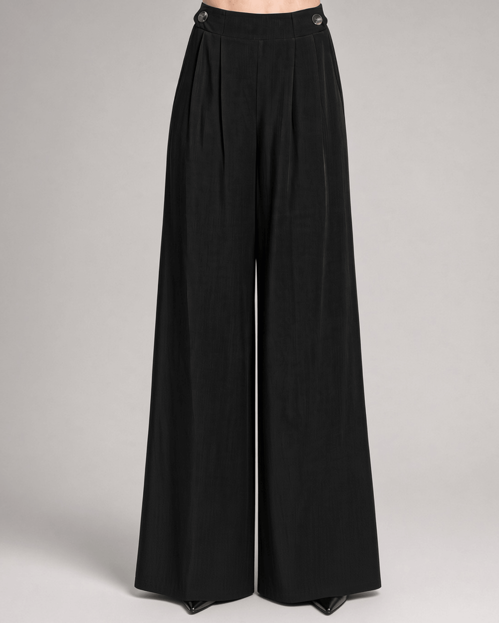 Made in USA Women's Wide Leg Dress Pants with Side Button Detail on Waist, Loose Fit Elastic Waist ,High Waist, Side Pockets in Black, 100% Rayon Hatch  | Classy Cozy Cool Made in America Boutique