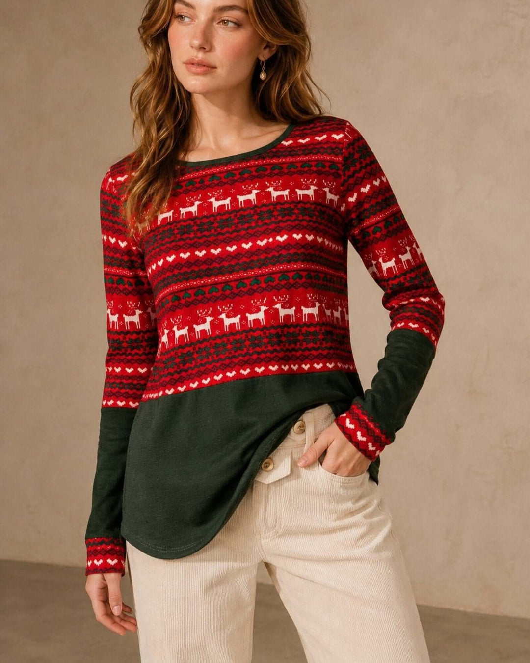 Made in USA Holiday Fair Isle Colorblock Top - Red: front view with hand in pocket of cream jeans