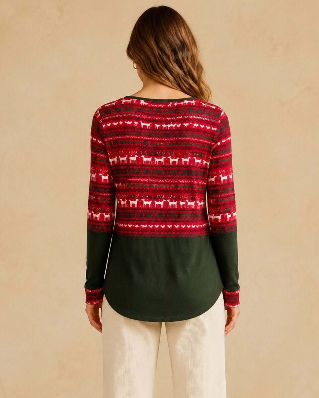 Made in USA Holiday Fair Isle Colorblock Top - Red: back view showing green colorblock and curved hem