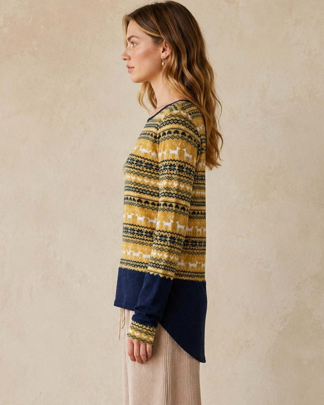 Made in USA Holiday Fair Isle Colorblock Top - Mustard: side profile with tan pants