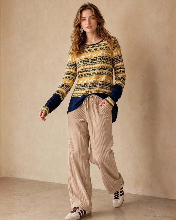 Made in USA Holiday Fair Isle Colorblock Top - Mustard: full-length look walking in tan pants and sneakers