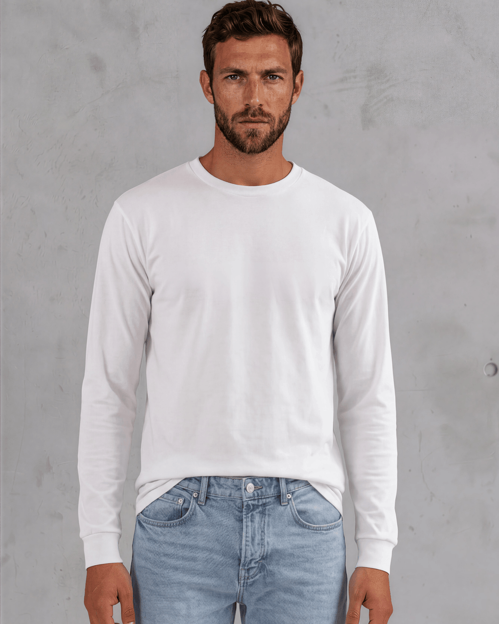 Men's long sleeve crew neck tee made in USA with 100% pre-shrunk cotton. Available in Black, White & Navy. Medium weight, ribbed cuff.