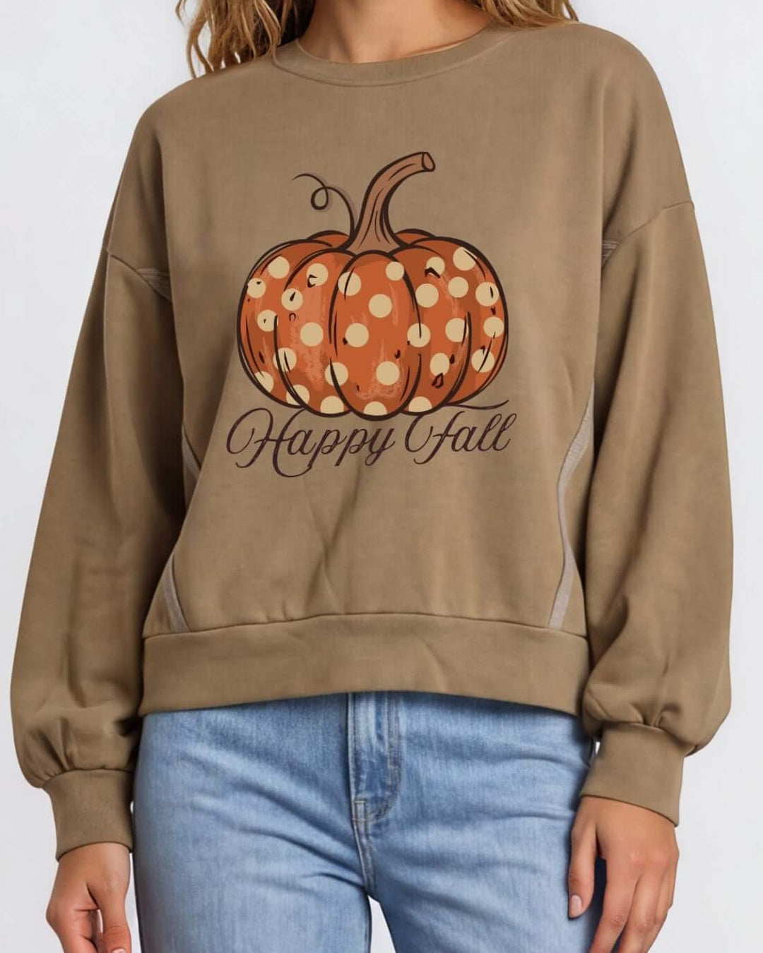 Made in USA pumpkin graphic pullover with playful “Happy Fall” lettering, raw-edge details, and an oversized boxy fit. Wine or Mocha, S–XL.