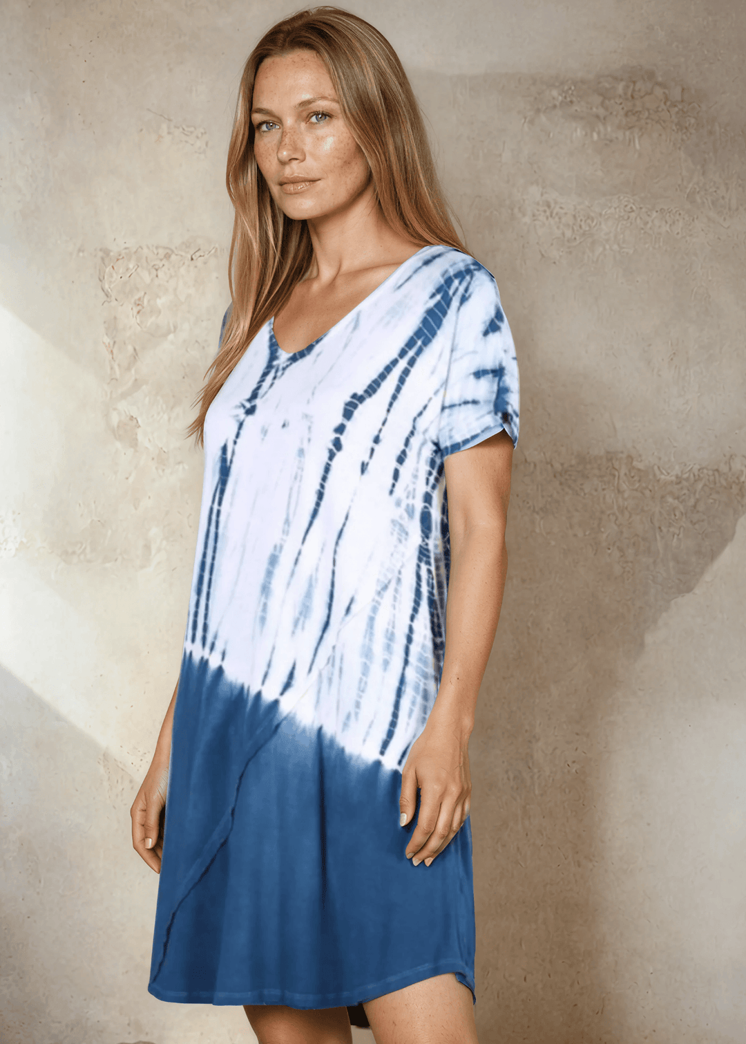 USA Made Ladies Casual Knee Length Tie Dye Dress in Blue Tones |  Style# C60570 | Classy Cozy Cool Women's Made in America Boutique