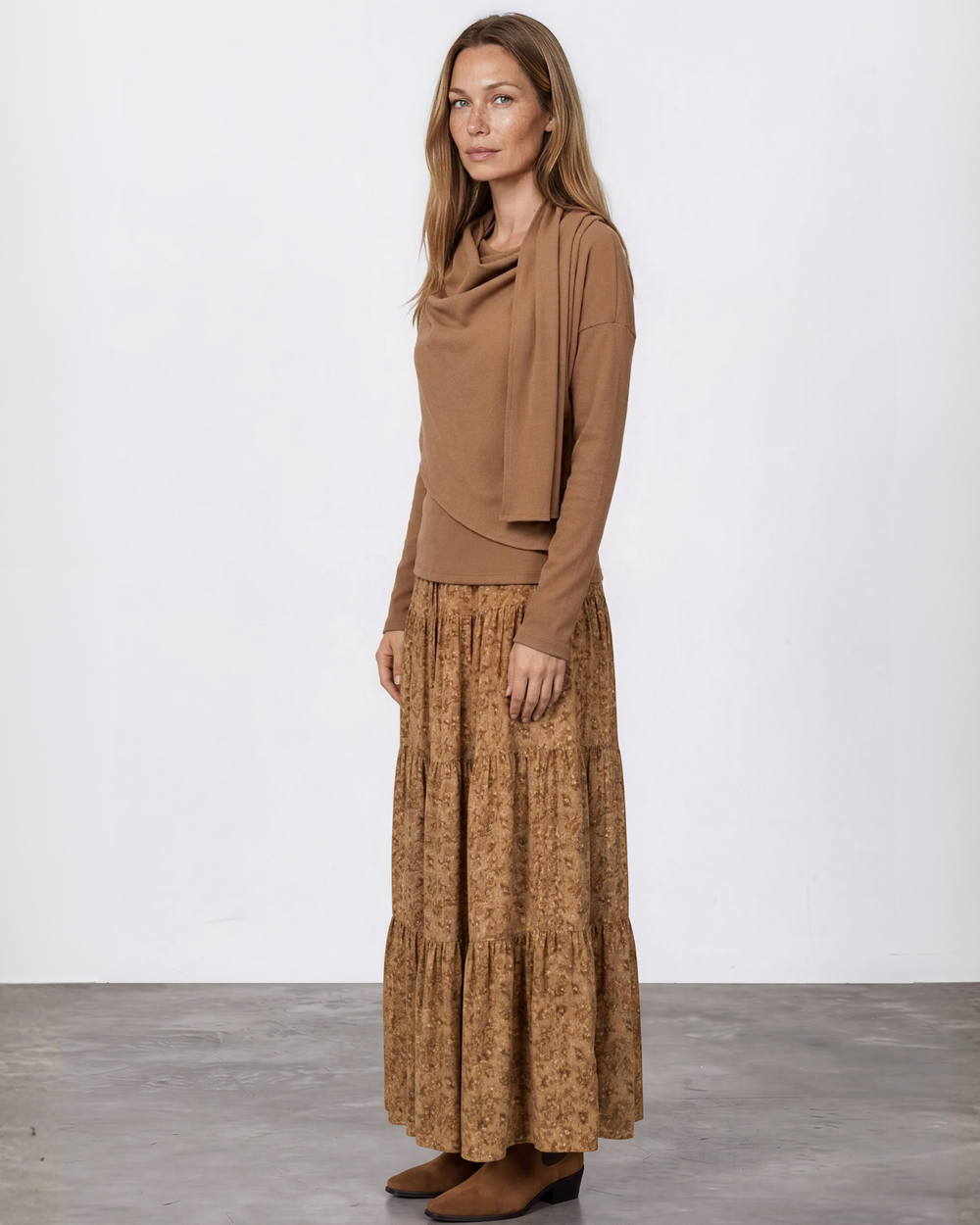 Made in USA Women's Taupe Mustard Rayon Ditsy Floral Maxi Skirt | Classy Cozy Cool Made in America Boutique